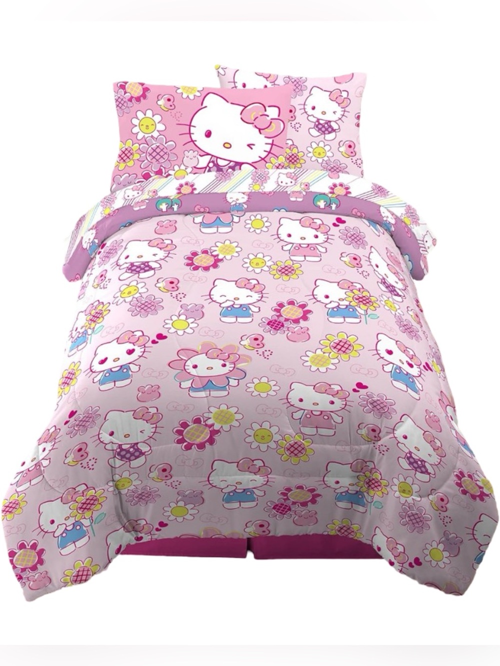 Hello Kitty Rainbow Garden Girls 5 Pc Pink Reversible Comforter Sheets Set Twin